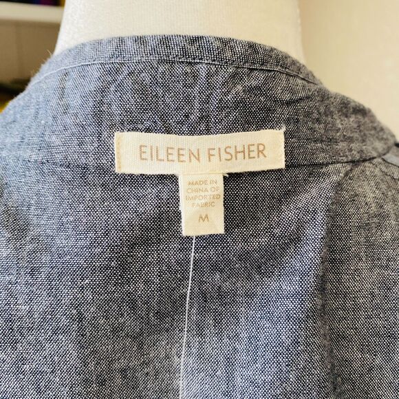 NWT Eileen Fisher Chambray Blue Gray Peplum Stand Collar Jacket Size Medium - Picture 9 of 11